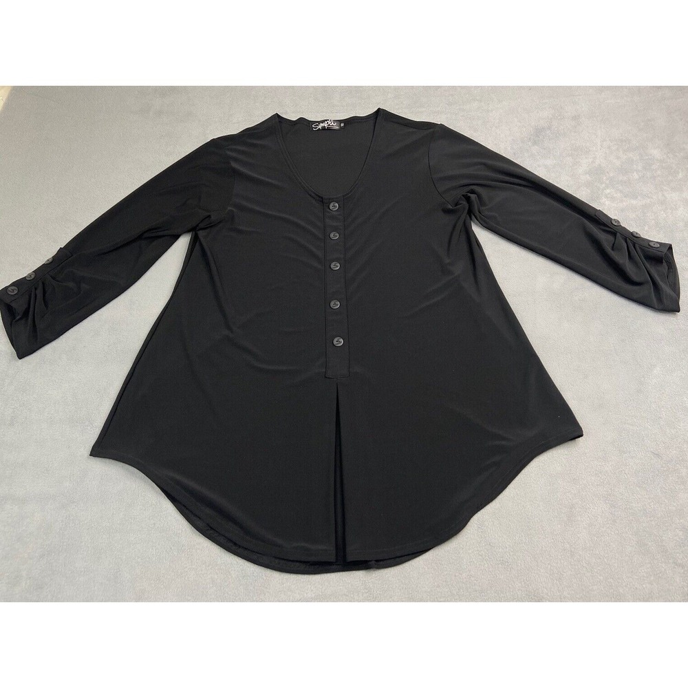 Sympli Top Shirt Womens 12‎ Black Tunic Stretch Buttons Lagenlook Minimalist